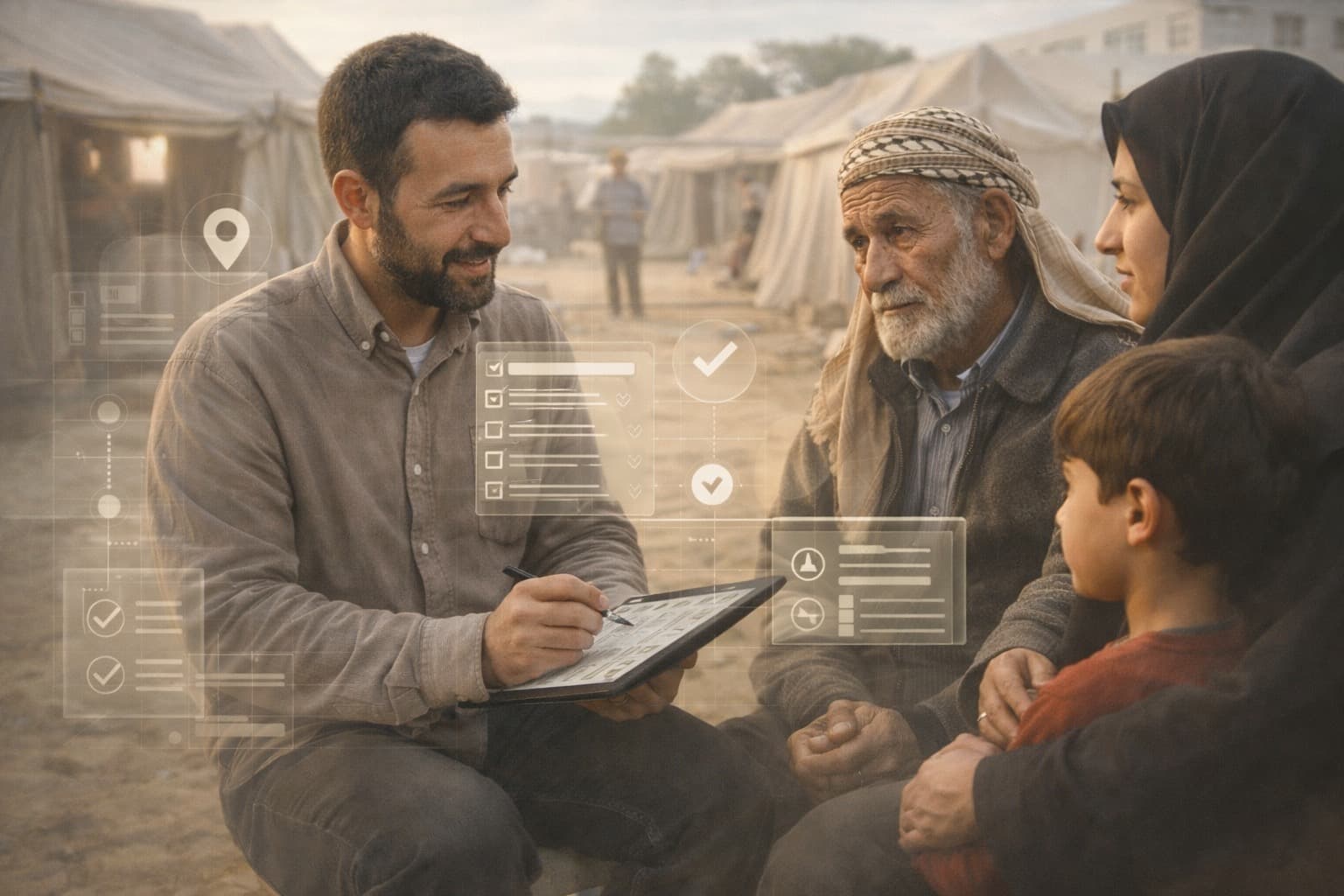 عامل إغاثة يقدّم الدعم لعائلة باستخدام أدوات رقمية في مخيم للاجئين